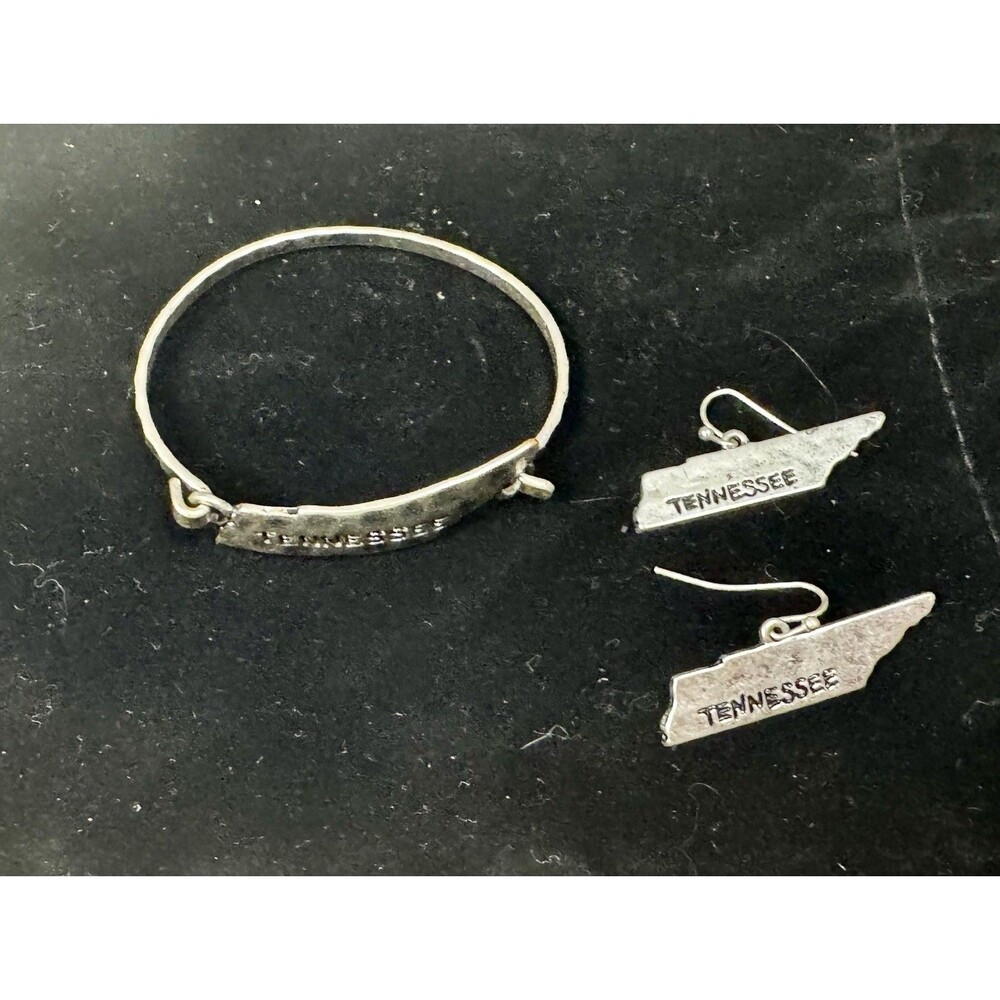 Tennessee State Shape Engraved Silver Tone Metal Dangle Hook Earrings and Bangle